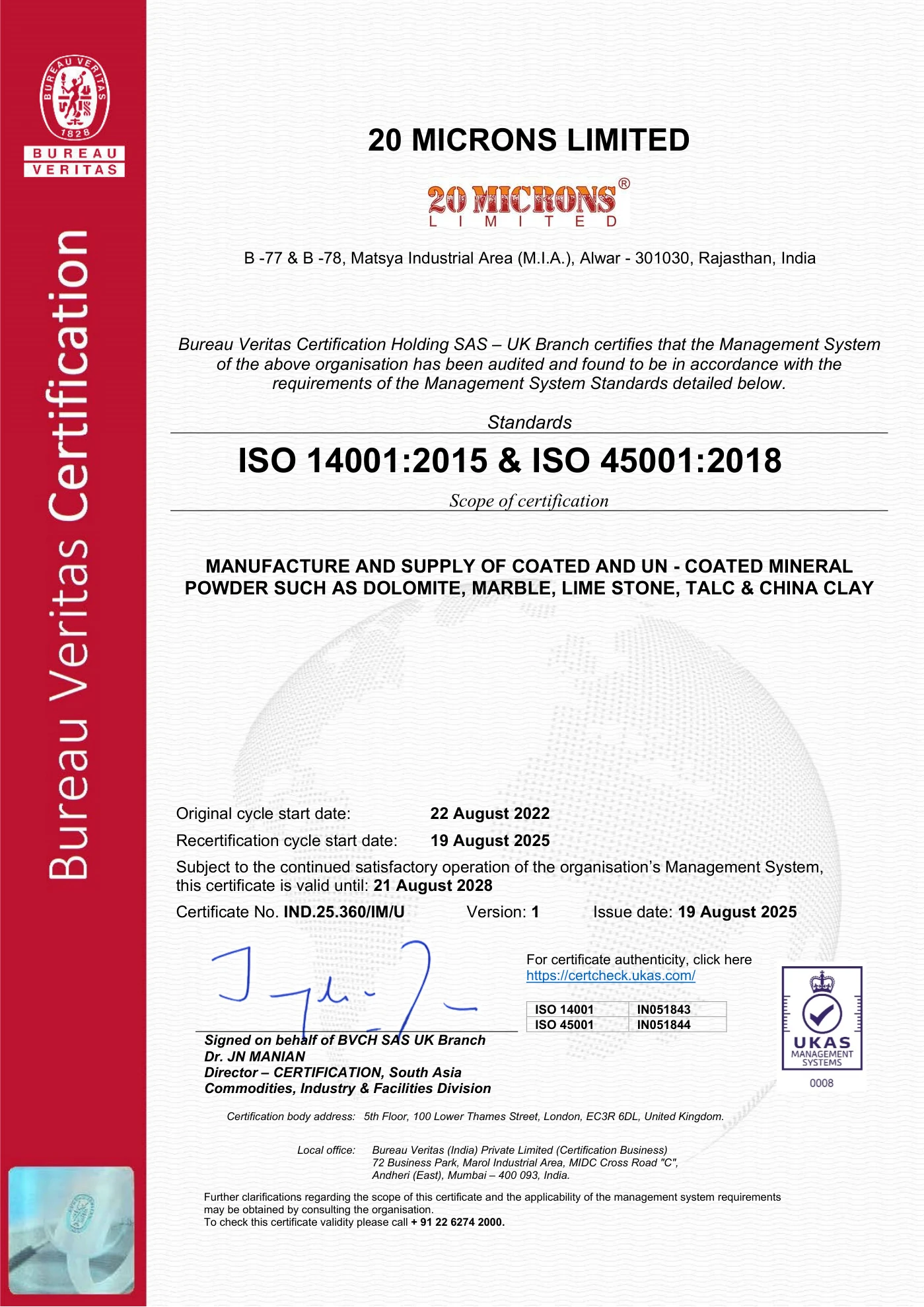 ISO 14001:2015 & ISO 45001:2018 - Alwar Facility